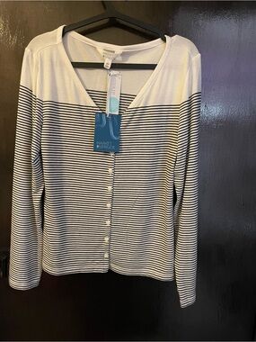 Market & Spruce Black and White Striped Button-Front V-Neck Top